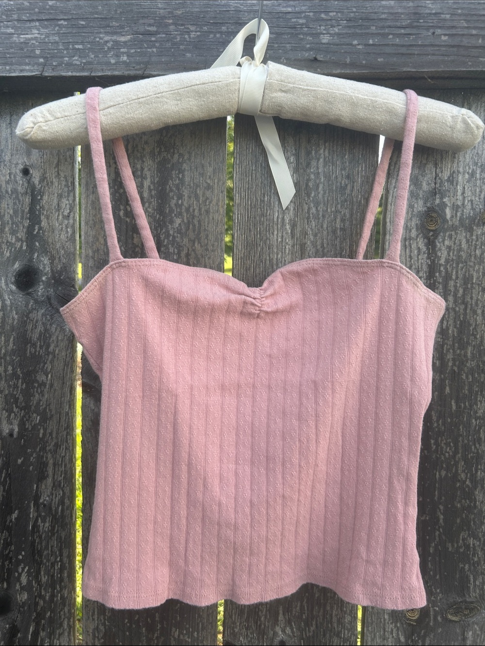Reformation Pink Dusty Rose Pointelle Ribbed Tank Top Ruched Bust Made in USA M